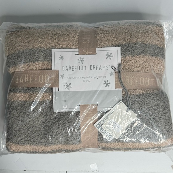 Barefoot Dreams Cozy Grey & Tan Striped Throw Blanket 45” x 60” NWT - Picture 2 of 5